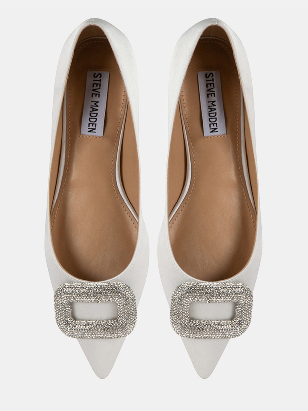 Steve Madden White Pointed Flats with Crystal-Embellished Buckle